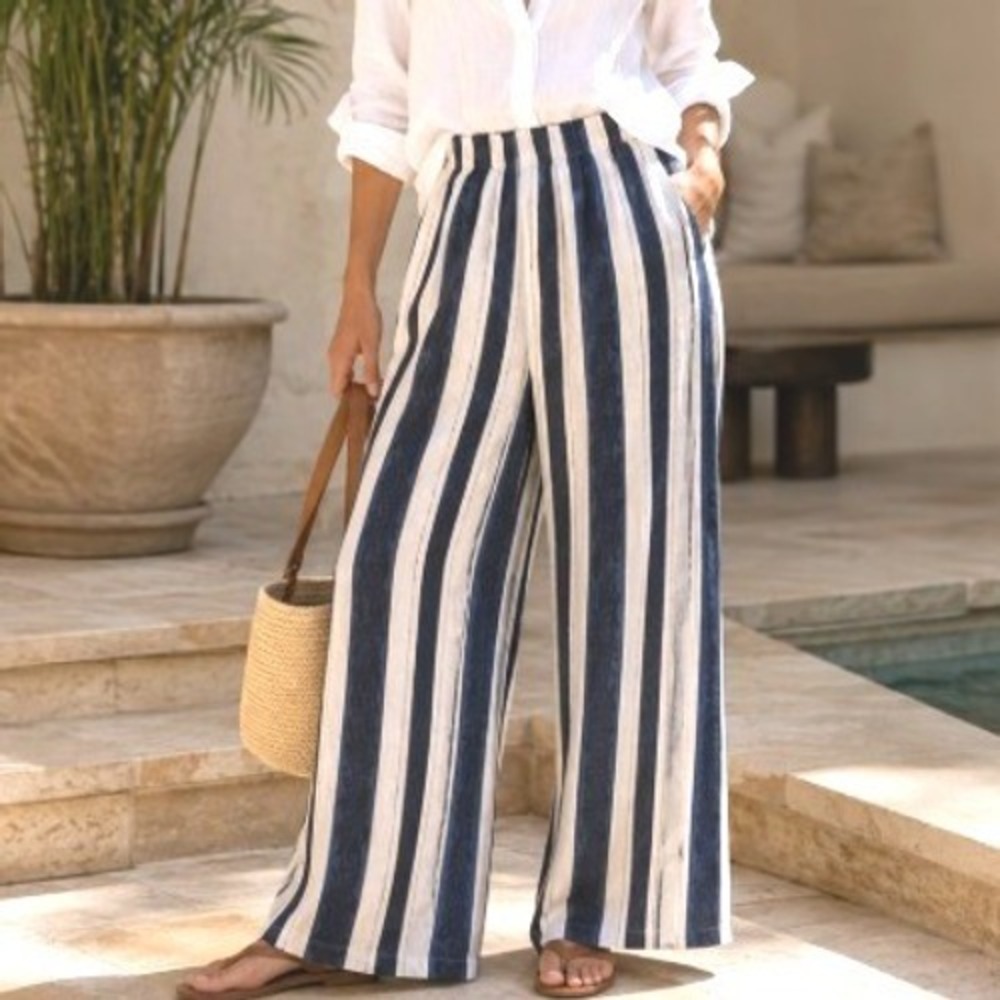 Bellambra Italy Blue Ivory Stripe Wide Leg Resortwear Loungewear Coastal Pants M